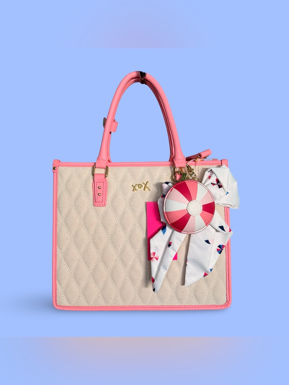Betsey Johnson Beach Umbrellas Quilted Cream & Pink Tote Bag with Scarf Charm